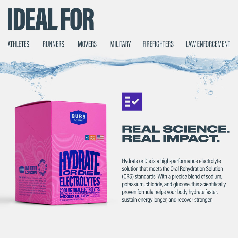 BUBS Naturals Hydrate mixed berry flavor visual suggesting crave-worthy taste and hydration.