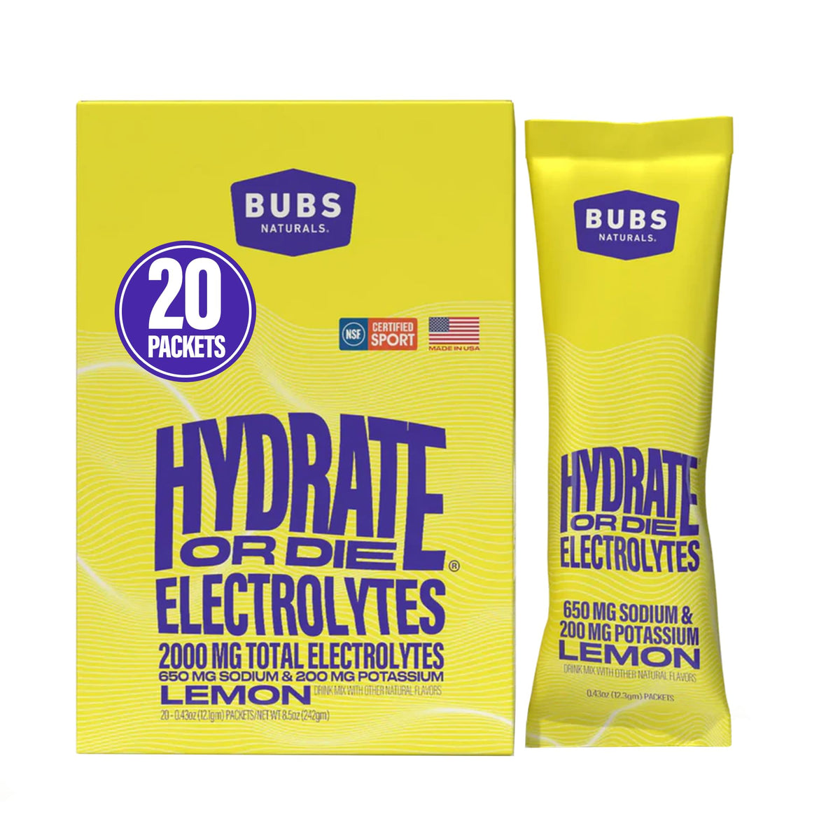 BUBS Naturals Hydrate or Die lemon packet pour for post-workout hydration.