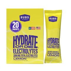 BUBS Naturals Hydrate or Die lemon packet pour for post-workout hydration.