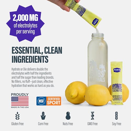 BUBS Hydrate or Die lemon powder dissolving in water for refreshing hydration.