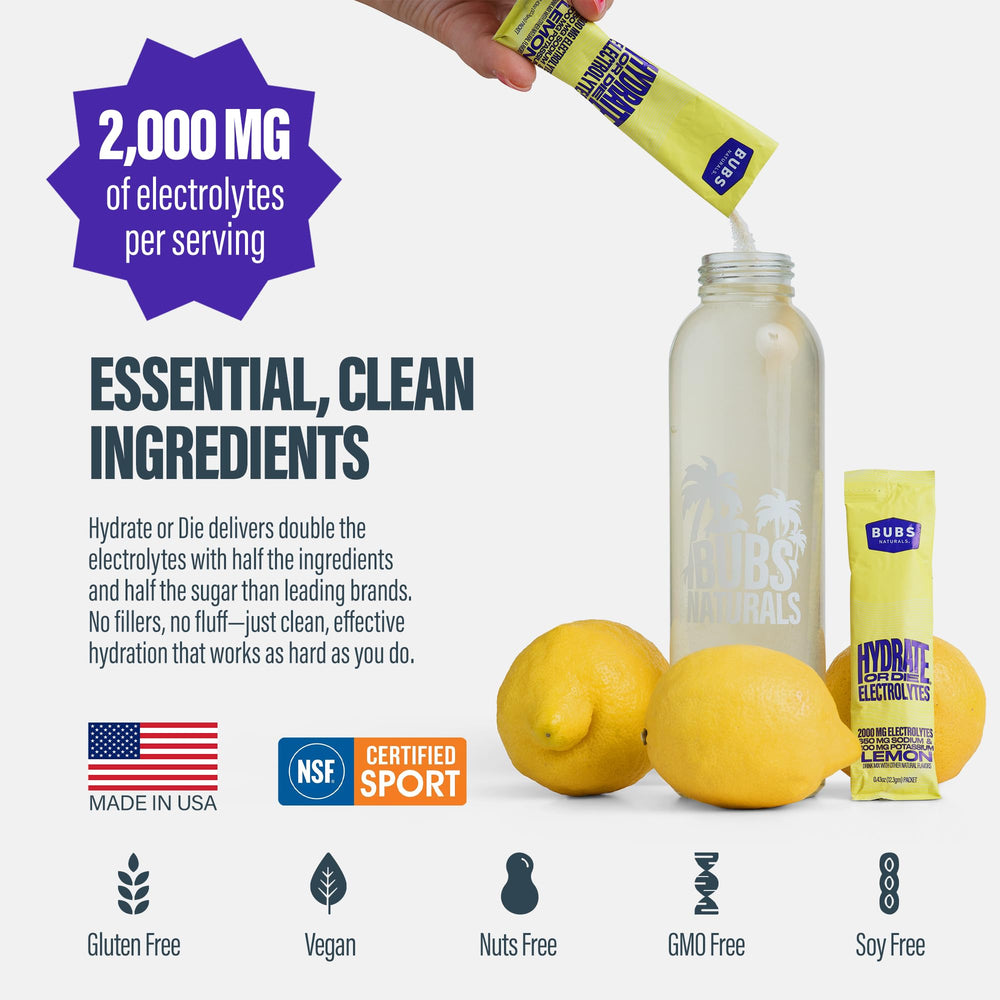 BUBS Hydrate or Die lemon travel pack ready for adventures.