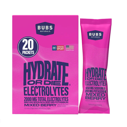 BUBS Naturals Hydrate or Die packets front view showing premium electrolyte powder for fast hydration.
