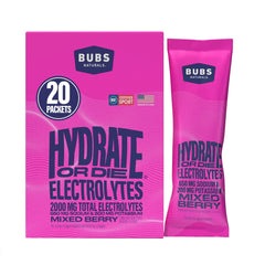 BUBS Naturals Hydrate or Die packets front view showing premium electrolyte powder for fast hydration.