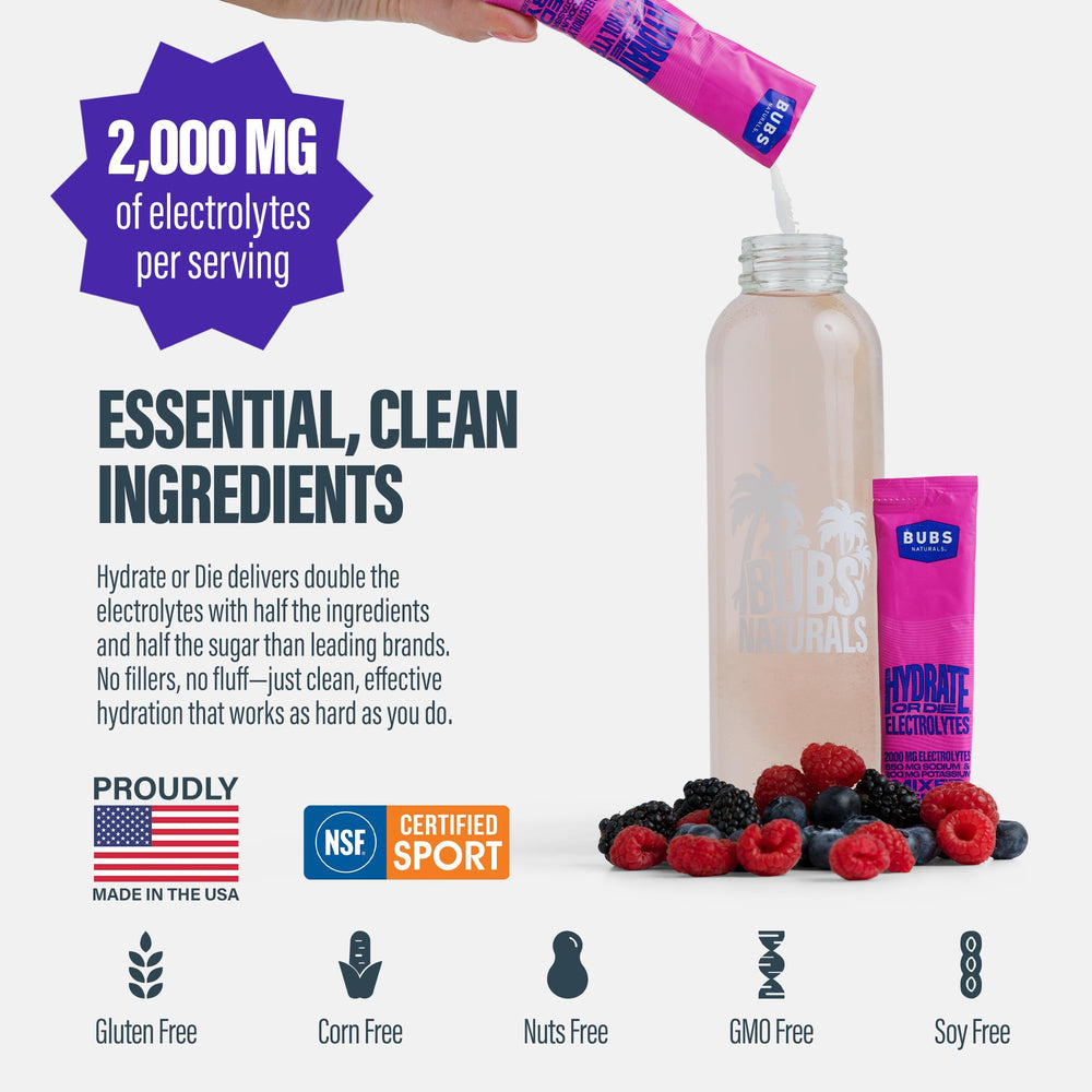 BUBS Naturals Hydrate electrolytes powder with scoop for easy mixing in water.