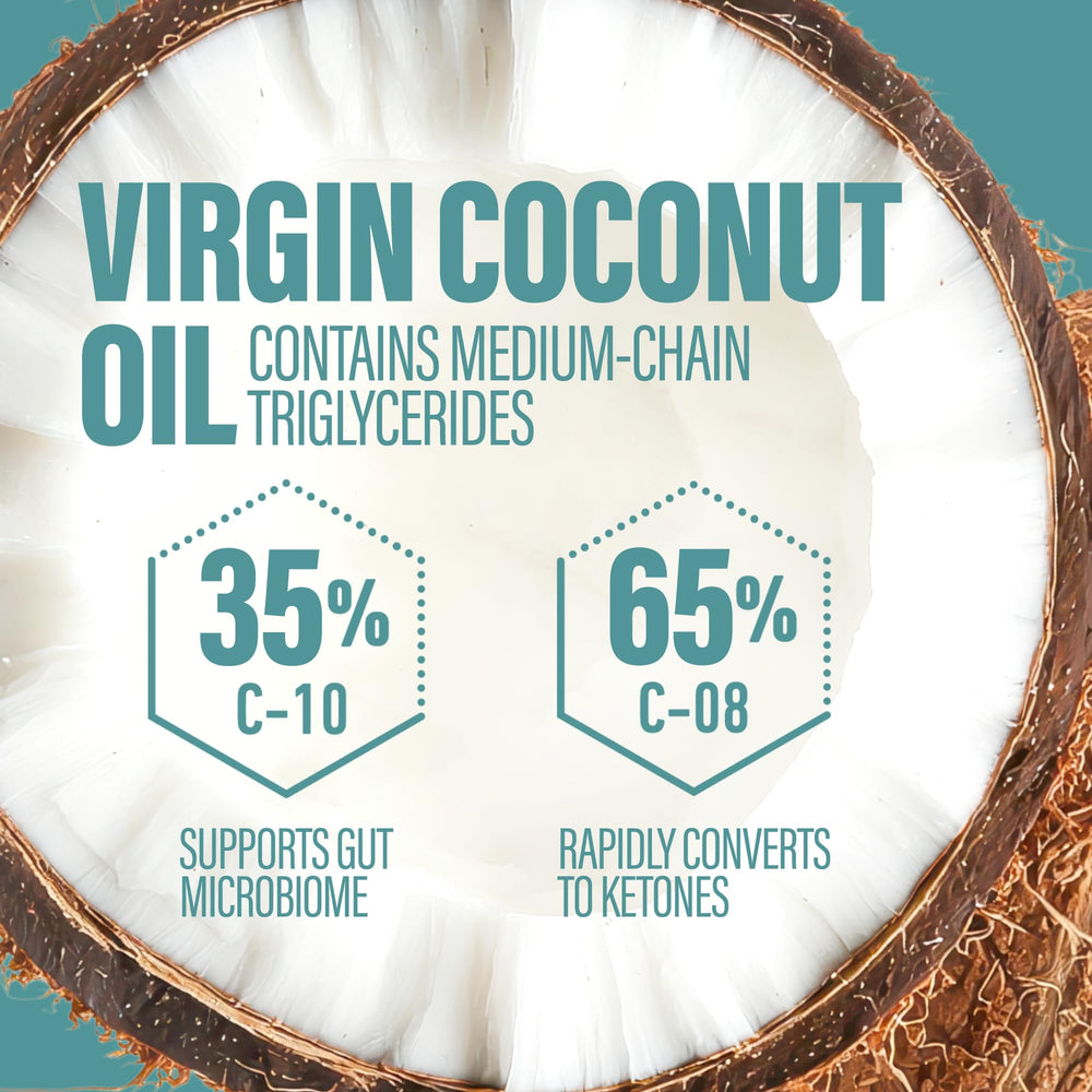 Product label highlights 65% C8 and 35% C10 MCT composition on the container.