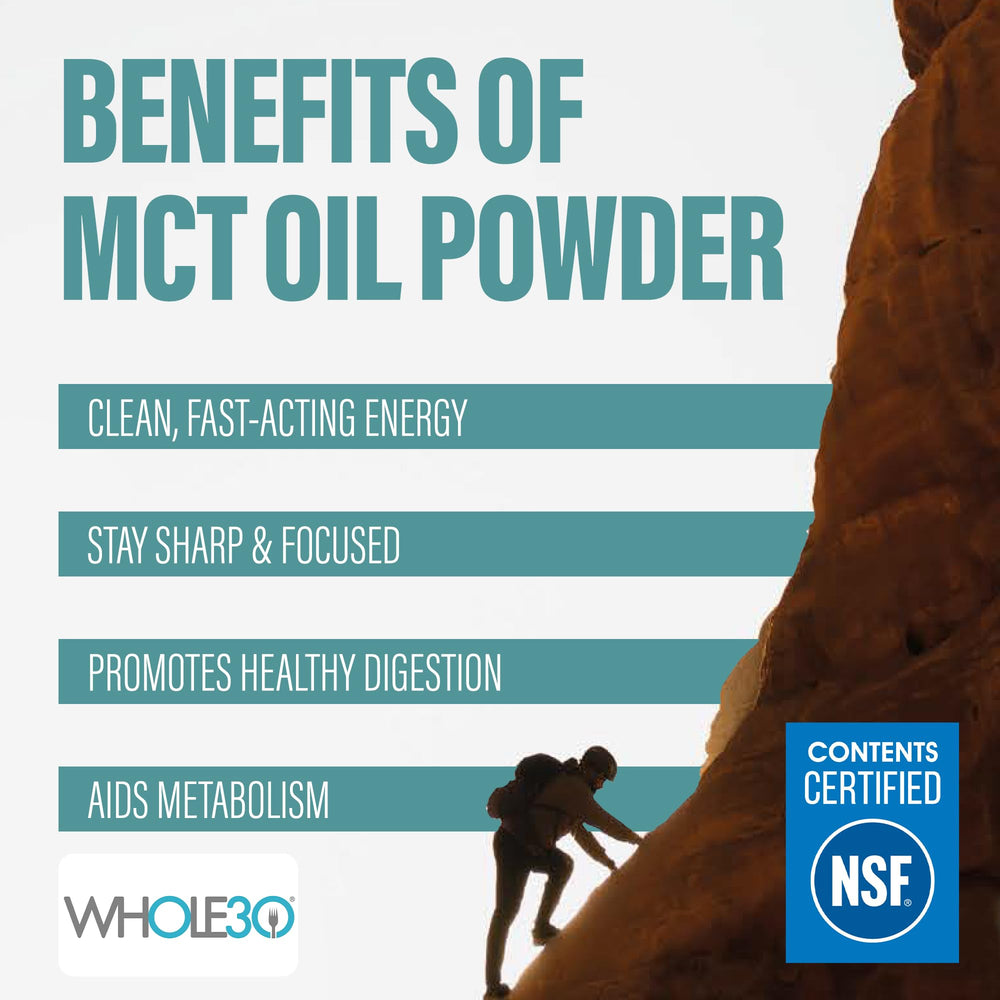 Pouring MCT powder into coffee reveals creamy, dairy-free texture and easy blend.