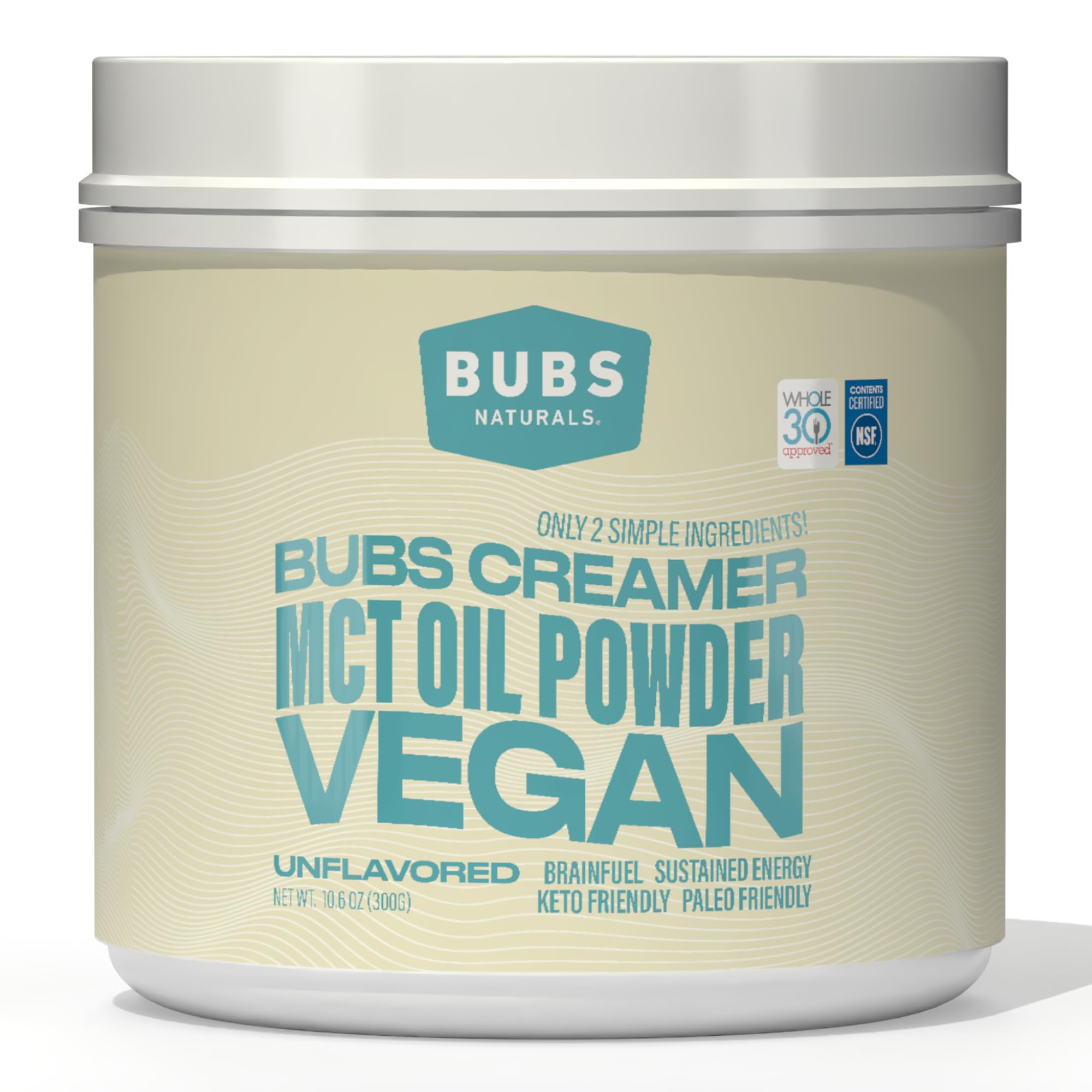 BUBS Naturals MCT Oil Powder packaging on a kitchen counter, convenient vegan energy source.