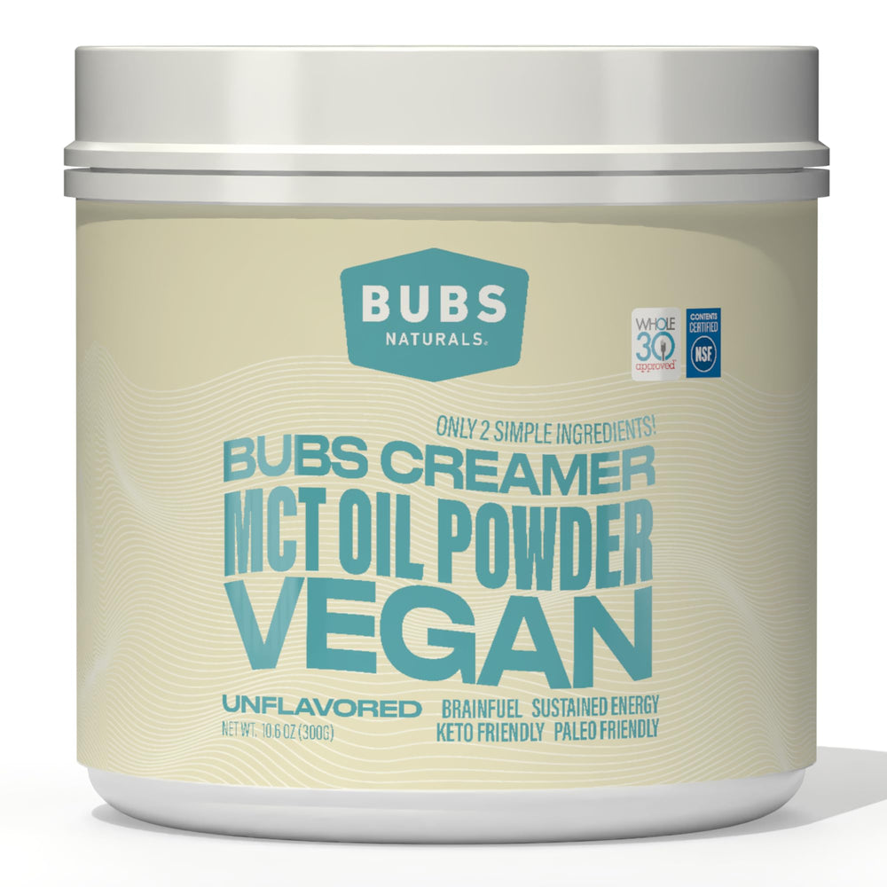 BUBS Naturals MCT Oil Powder packaging on a kitchen counter, convenient vegan energy source.