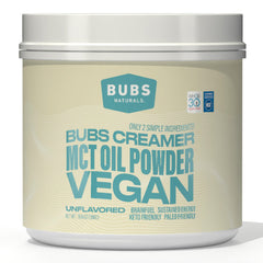 BUBS Naturals MCT Oil Powder packaging on a kitchen counter, convenient vegan energy source.