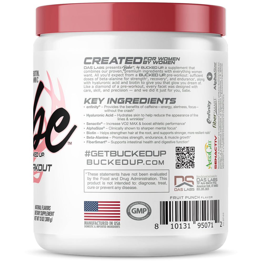 Bucked Up Babe pre-workout fruit punch bottle highlights the female-focused formula.