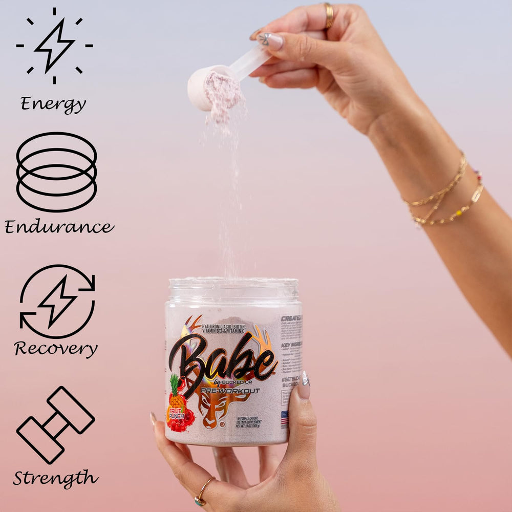 Bucked Up Babe pre-workout fruit punch ingredients label reveals citrulline and beta-alanine.