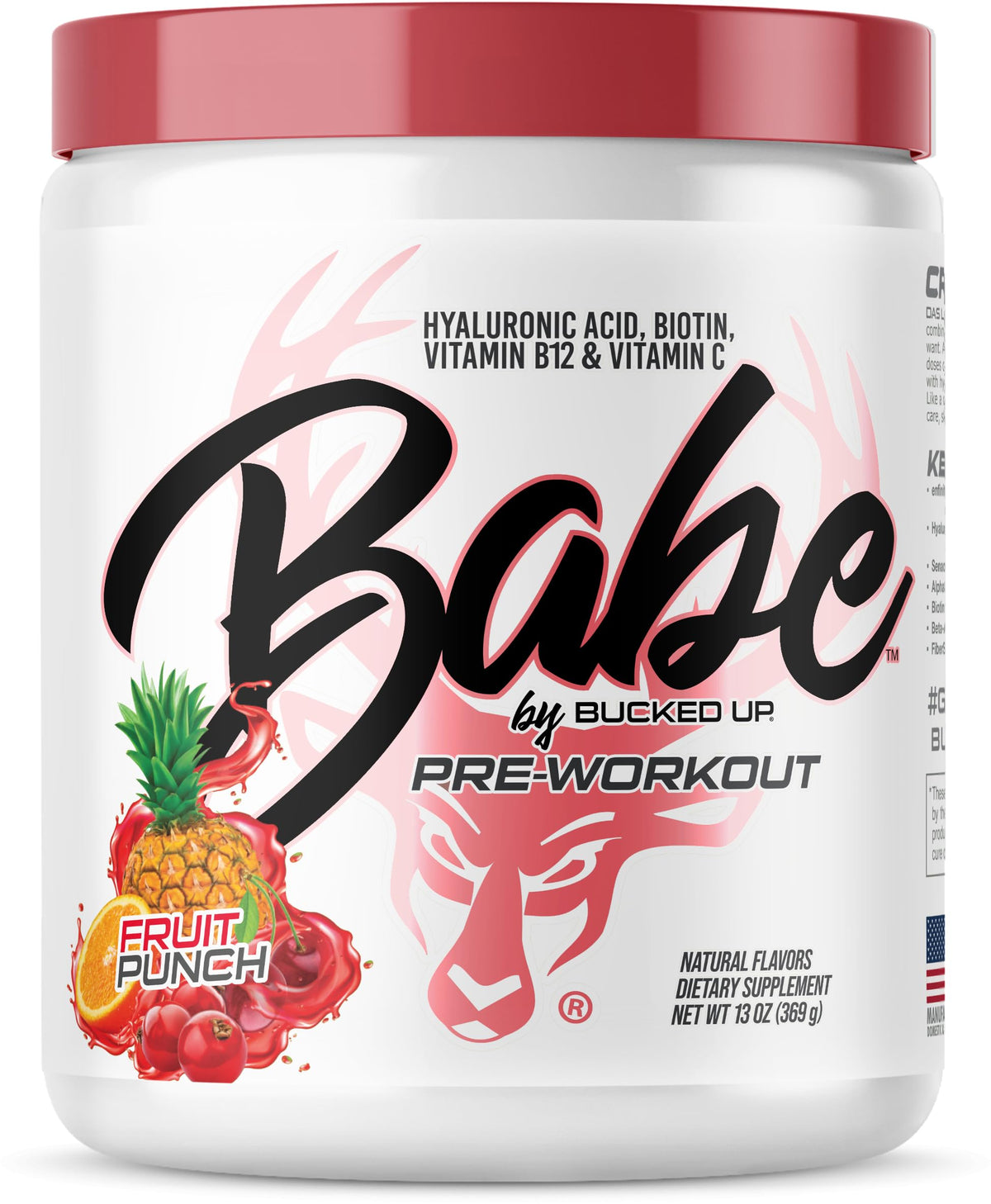 Bucked Up Babe pre-workout fruit punch tub front boosts women’s energy for workouts.
