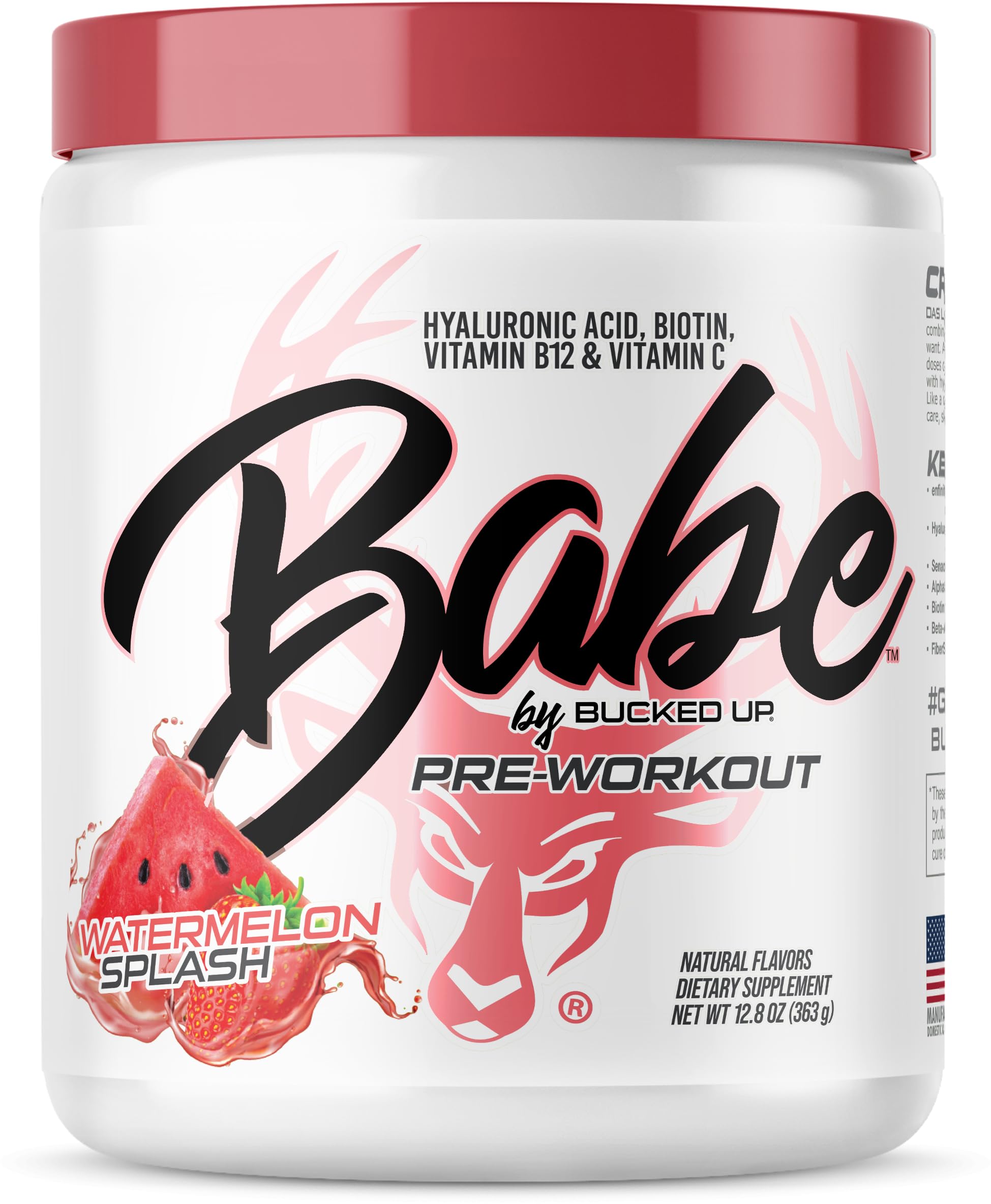 Bucked Up Babe Watermelon Splash powder ready to mix for a refreshing workout boost.