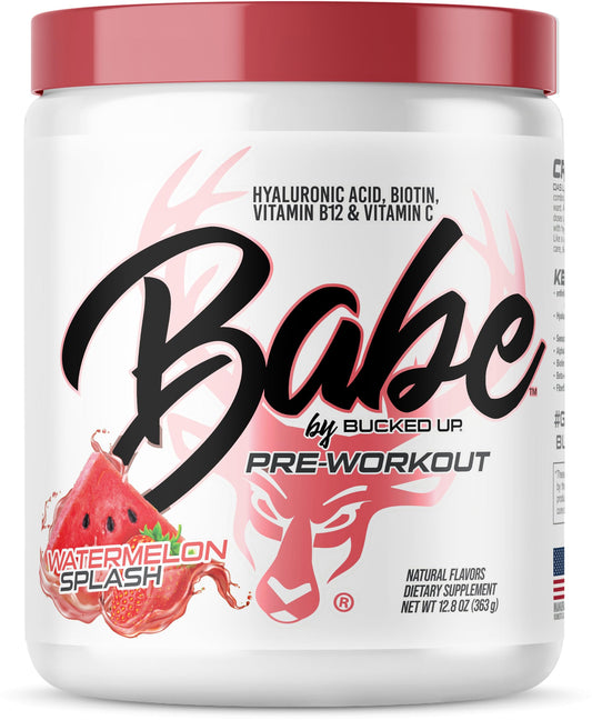 Bucked Up Babe Watermelon Splash powder ready to mix for a refreshing workout boost.