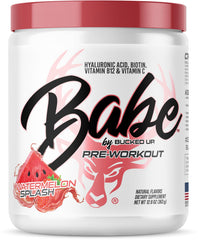 Bucked Up Babe Watermelon Splash powder ready to mix for a refreshing workout boost.