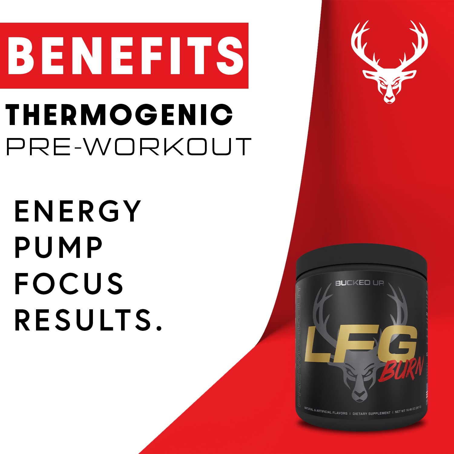 Close-up of Bucked Up LFG pre-workout showing vibrant Raz Dazzle energy.