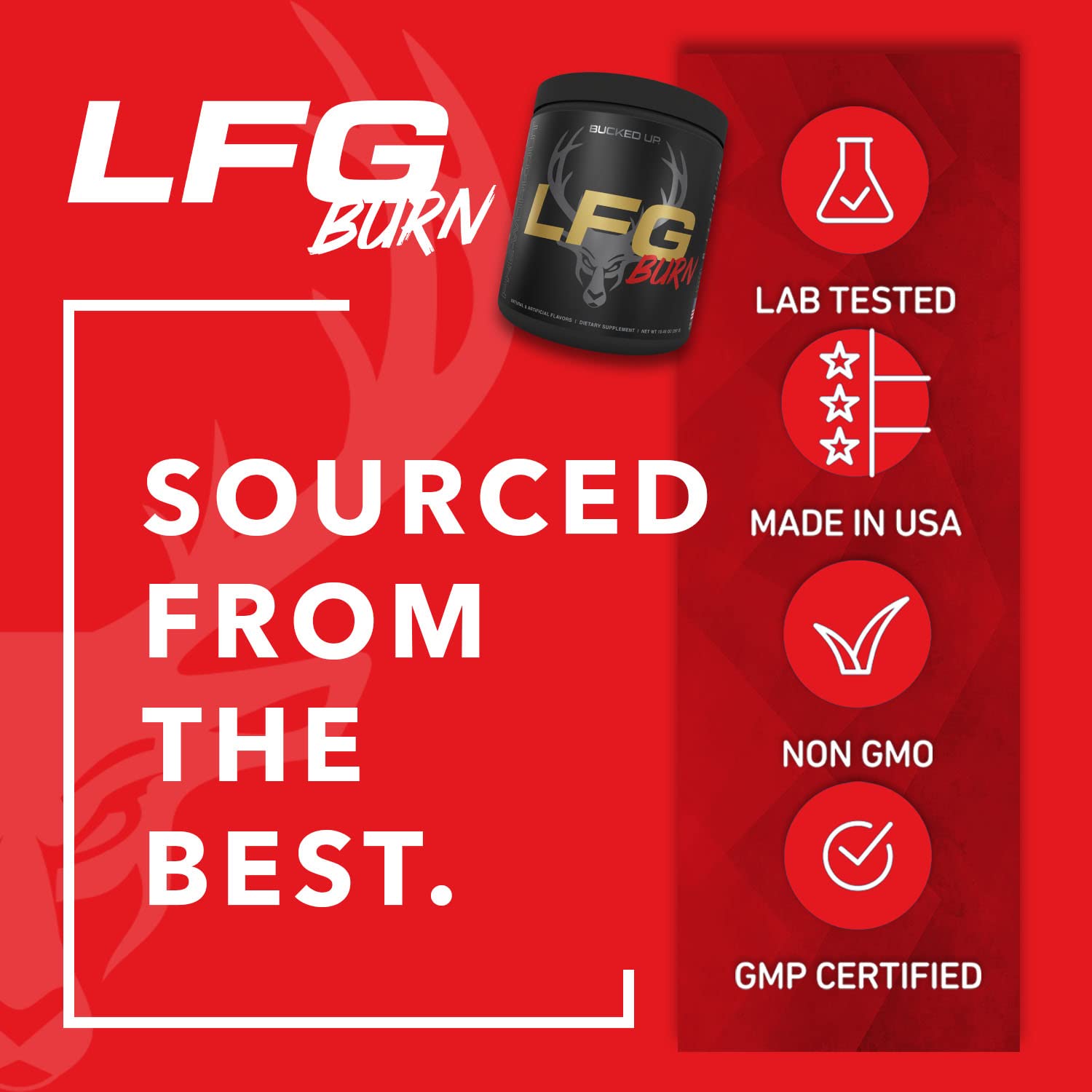 Label close-up of Bucked Up LFG pre-workout with serving details.