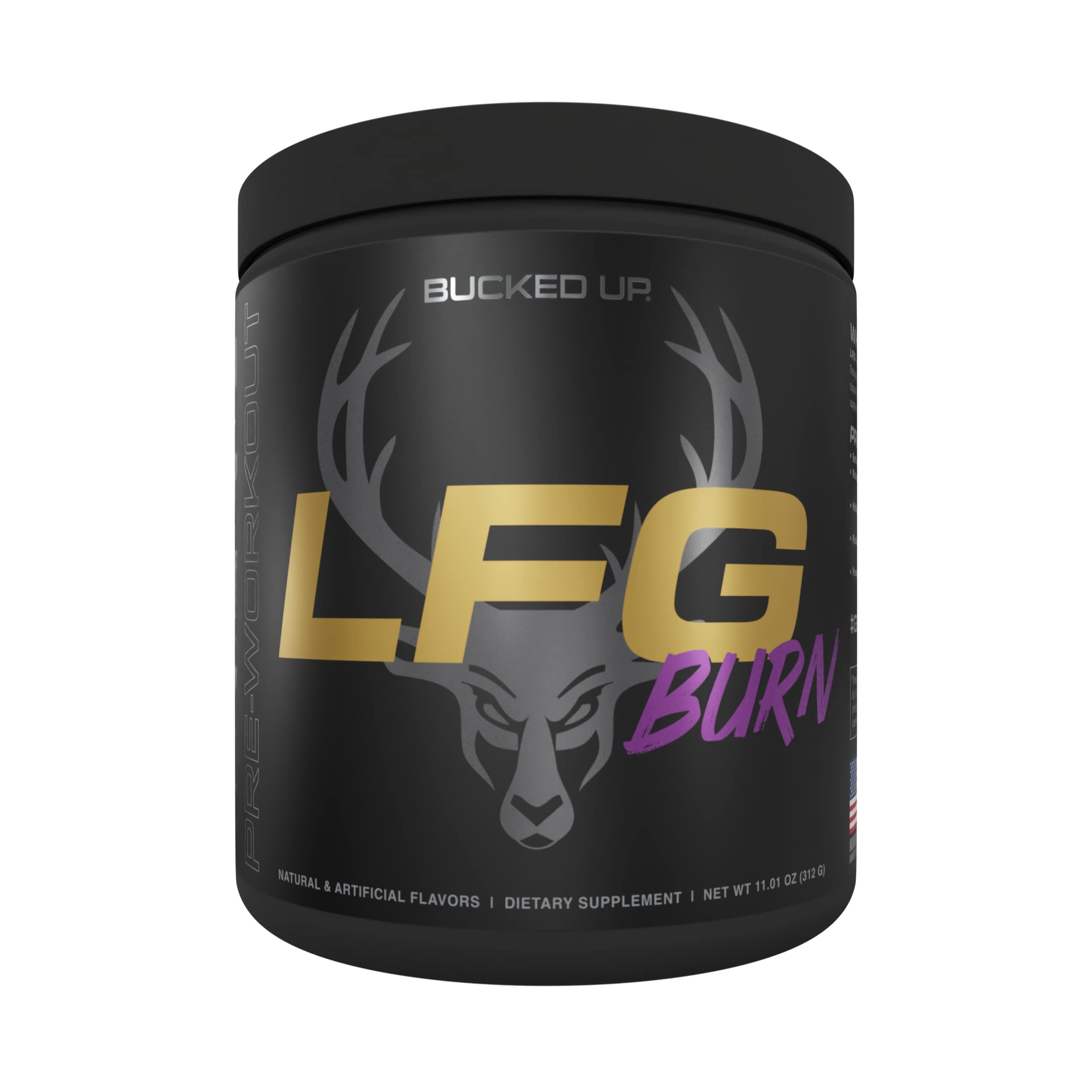 Bucked Up LFG pre-workout Raz Dazzle canister ready for energized workouts.