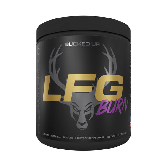 Bucked Up LFG pre-workout Raz Dazzle canister ready for energized workouts.