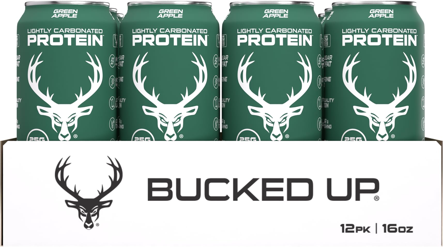 12-pack Bucked Up Lightly Carbonated Protein Soda box for shelf storage.