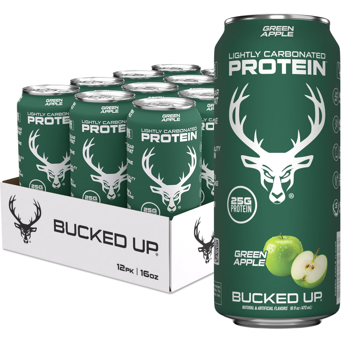 Bucked Up Lightly Carbonated Protein Soda Green Apple can, crisp refreshing protein.