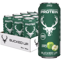 Bucked Up Lightly Carbonated Protein Soda Green Apple can, crisp refreshing protein.