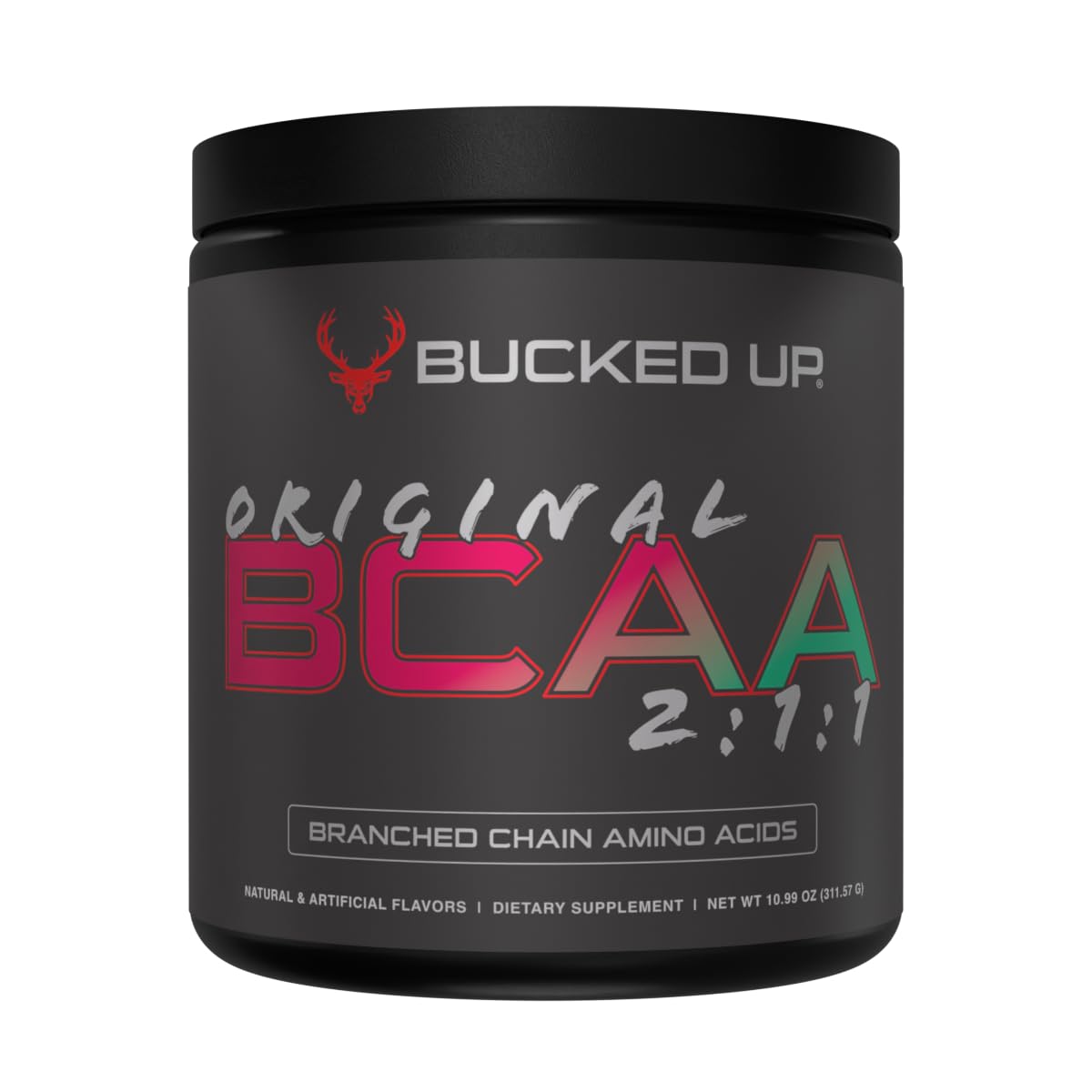 Bucked Up Original BCAA tub front showing 2:1:1 formula for pre and post workout support.