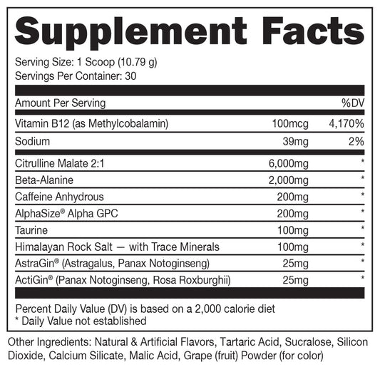 Bucked Up pre-workout bottle front emphasizes grape flavor and bold energy.