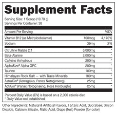 Bucked Up pre-workout bottle front emphasizes grape flavor and bold energy.