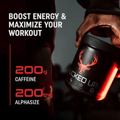 Bucked Up pre-workout bottle side displays supplement facts and amino acids.