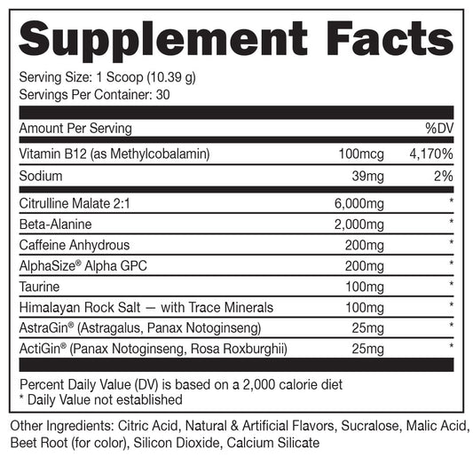 Bucked Up Red Raz tub label close-up highlighting transparent nutrition
