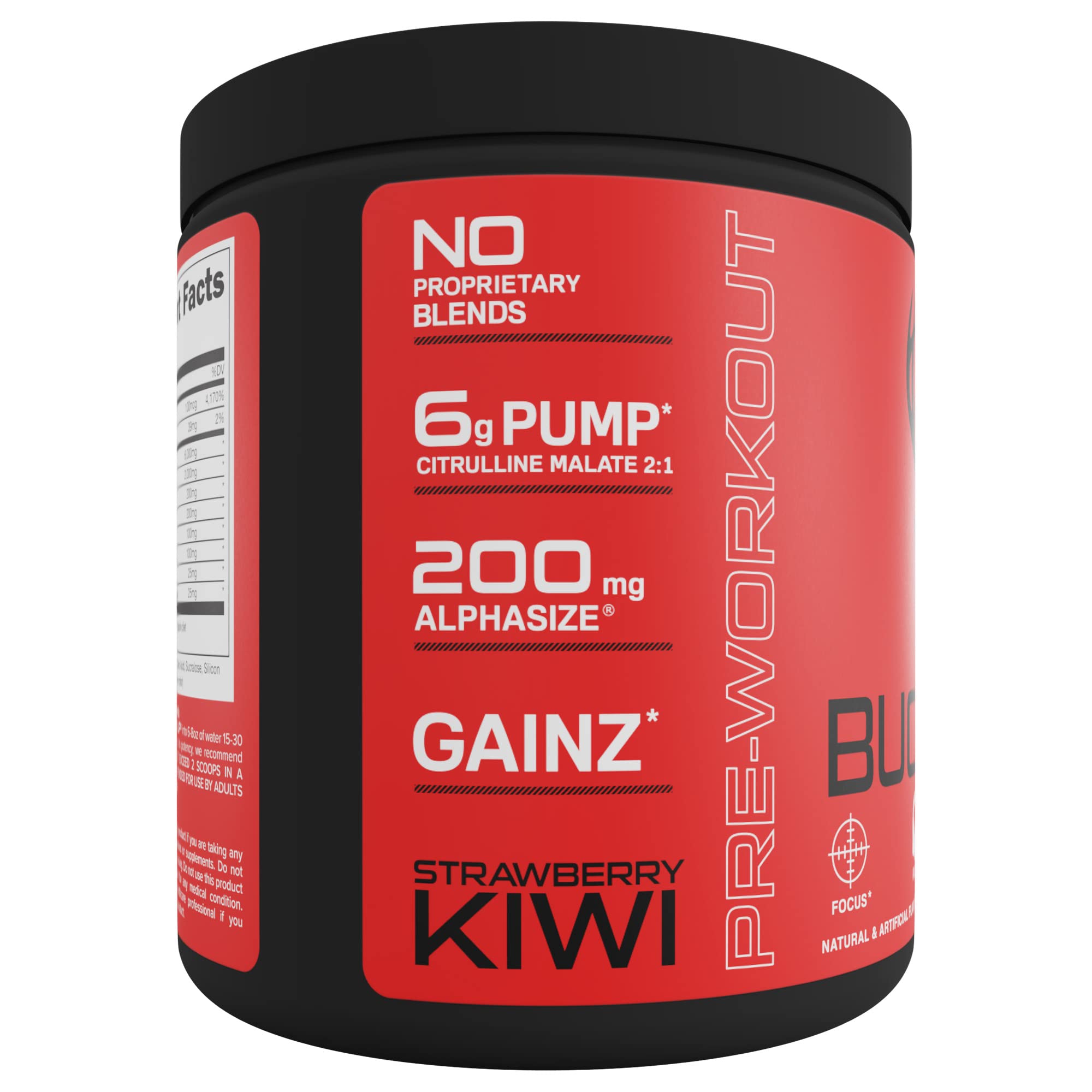 Packaging front of Bucked Up Pre Workout strawberry kiwi bottle.