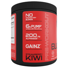 Packaging front of Bucked Up Pre Workout strawberry kiwi bottle.