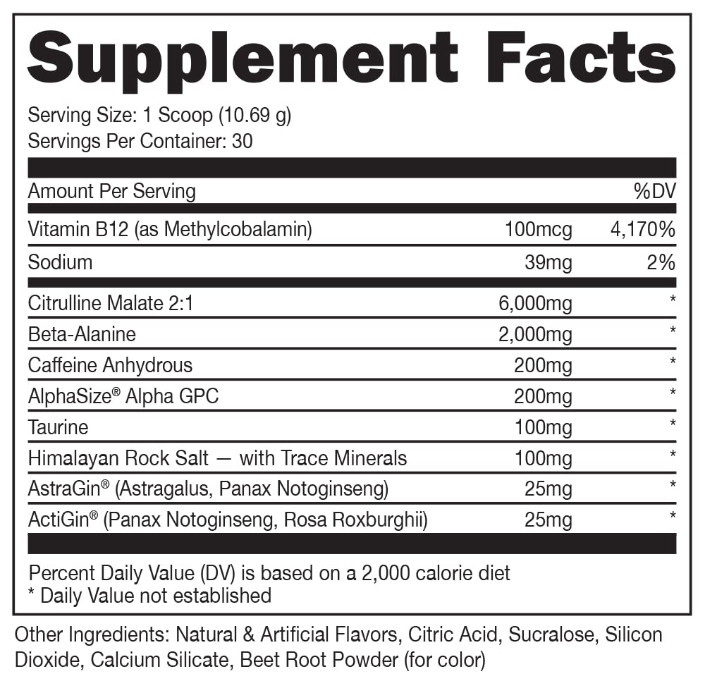 Bucked Up Pre Workout powder scoop highlights 6 g L-Citrulline for blood flow.