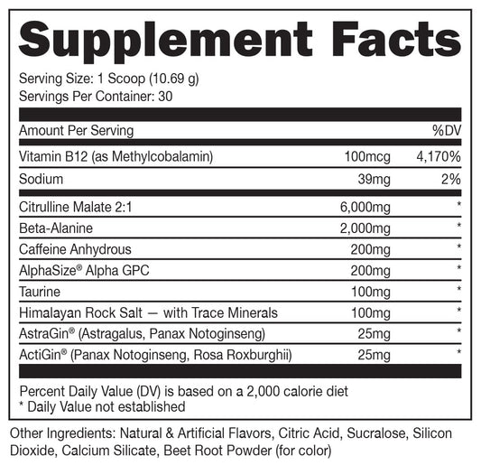 Bucked Up Pre Workout powder scoop highlights 6 g L-Citrulline for blood flow.