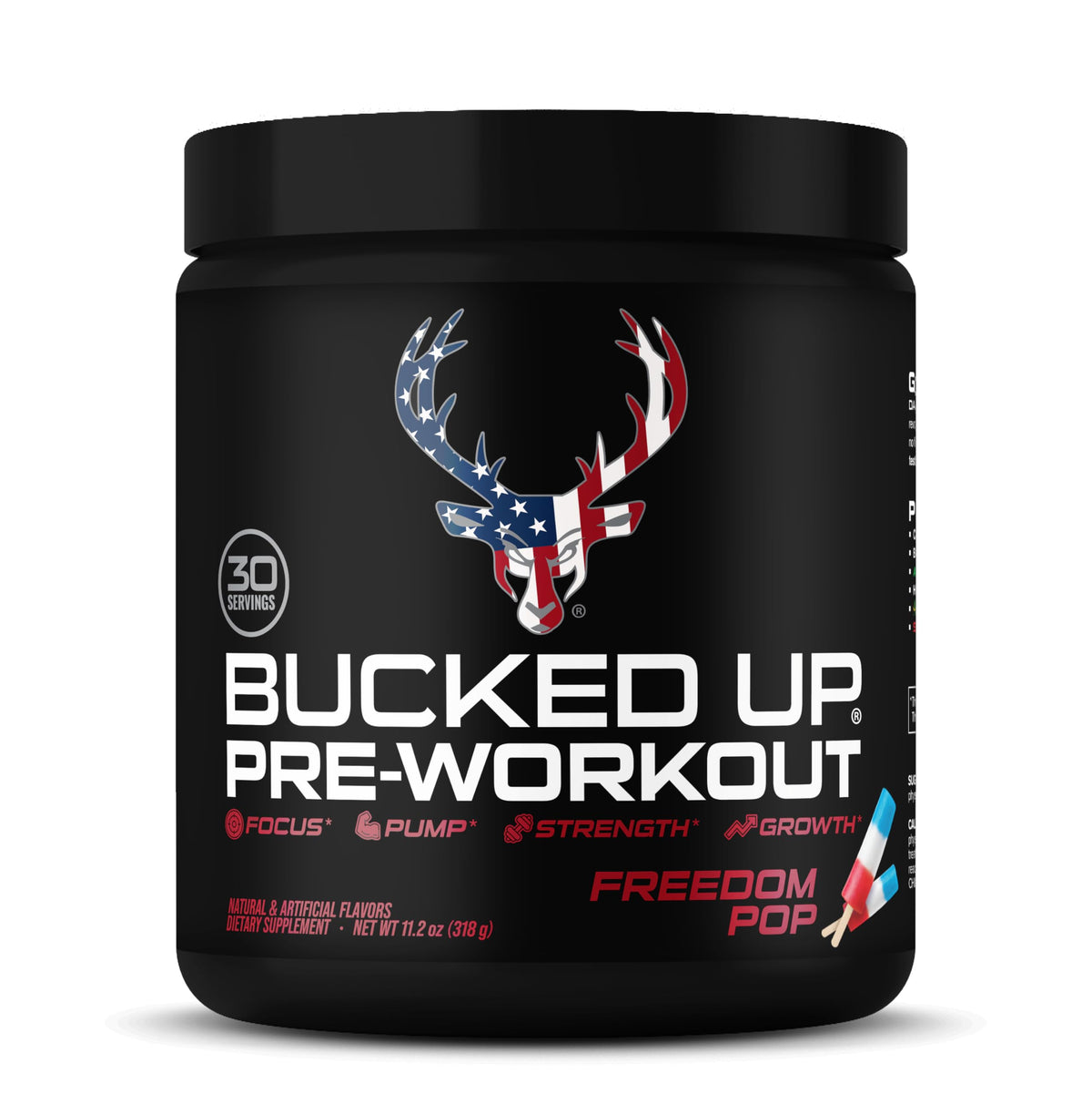 Bucked Up pre-workout tub label closeup for clear ingredient details.