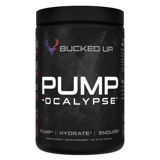 Bucked Up Pump-ocalypse blueberry-pomegranate bottle for a powerful pre-workout boost