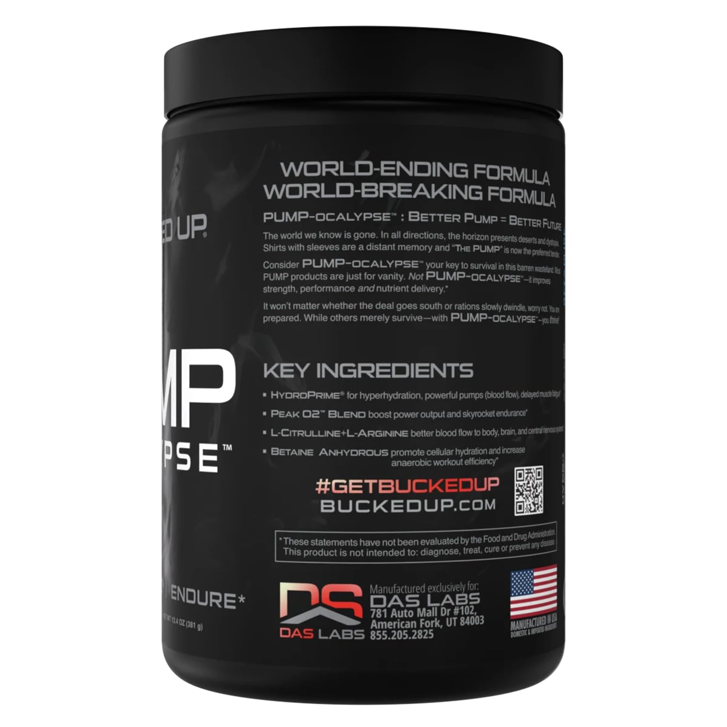 Powder scoop beside Bucked Up Pump-ocalypse bottle highlights hydration-supporting ingredients