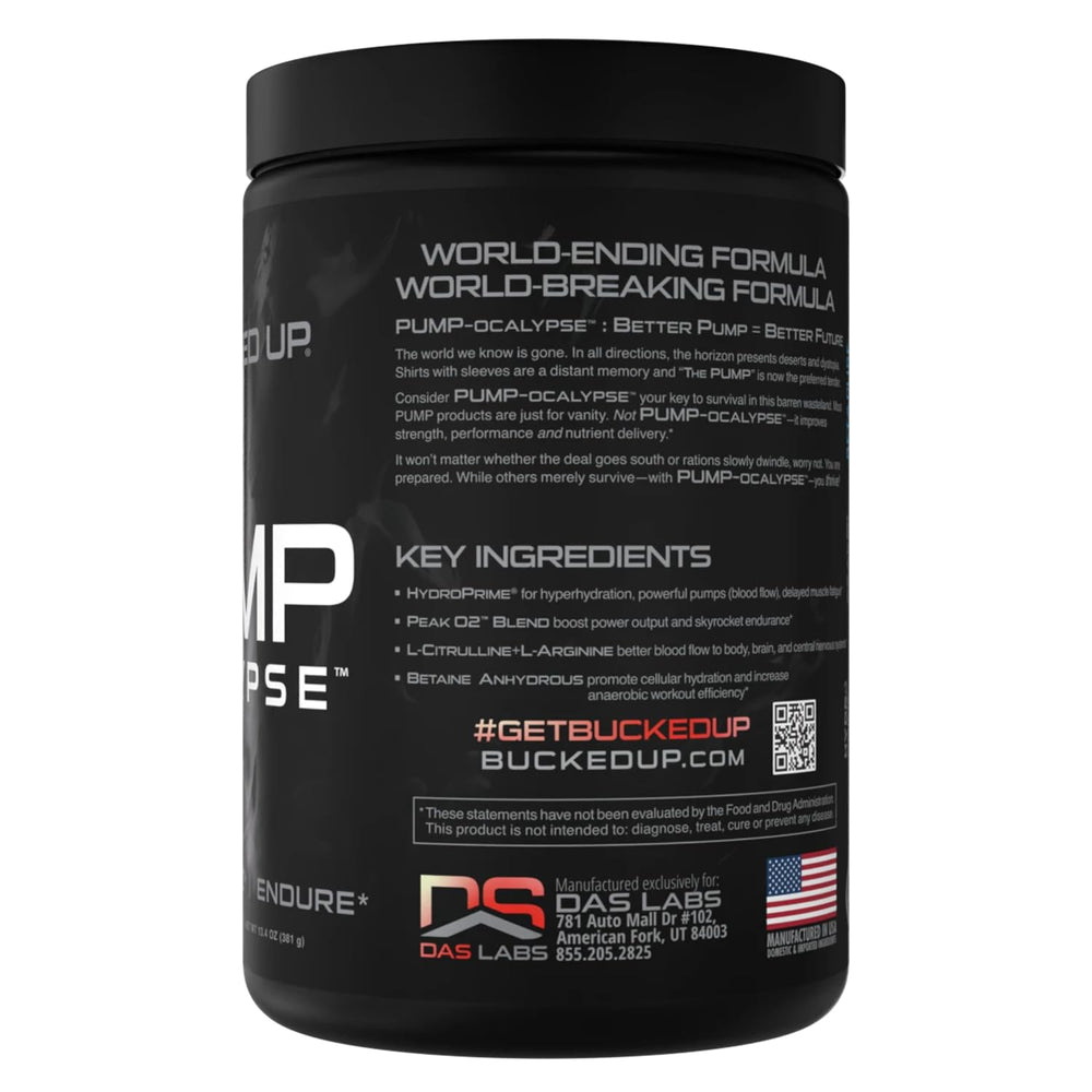 Powder scoop beside Bucked Up Pump-ocalypse bottle highlights hydration-supporting ingredients