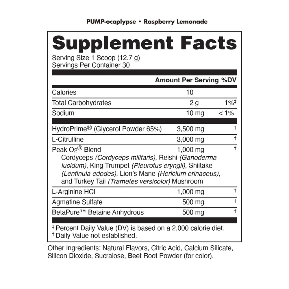 Bucked Up Pump-ocalypse Raspberry Lemonade tub with scoop shows flavor for pre-workout fueling