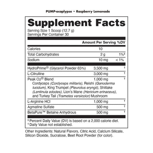 Bucked Up Pump-ocalypse Raspberry Lemonade tub with scoop shows flavor for pre-workout fueling
