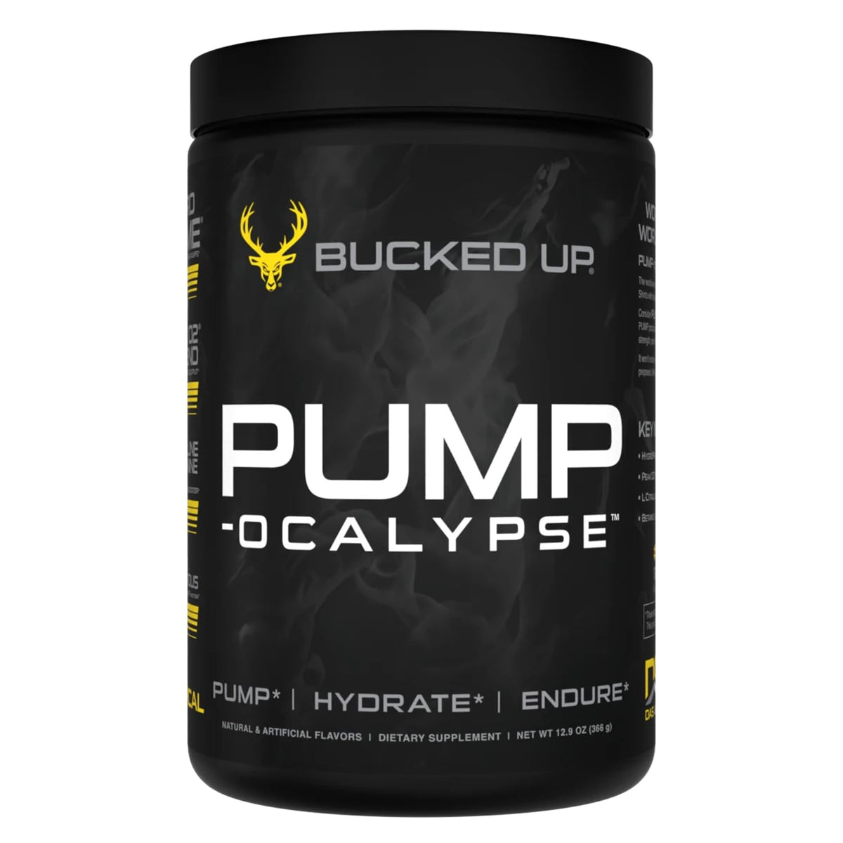 Bucked Up Pump-ocalypse Tropical bottle front highlights bold label for blood flow support.