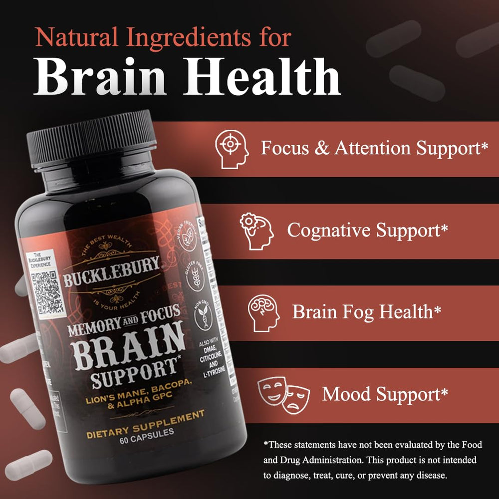 Bucklebury Brain bottle front-view with label highlights vegan brain support.