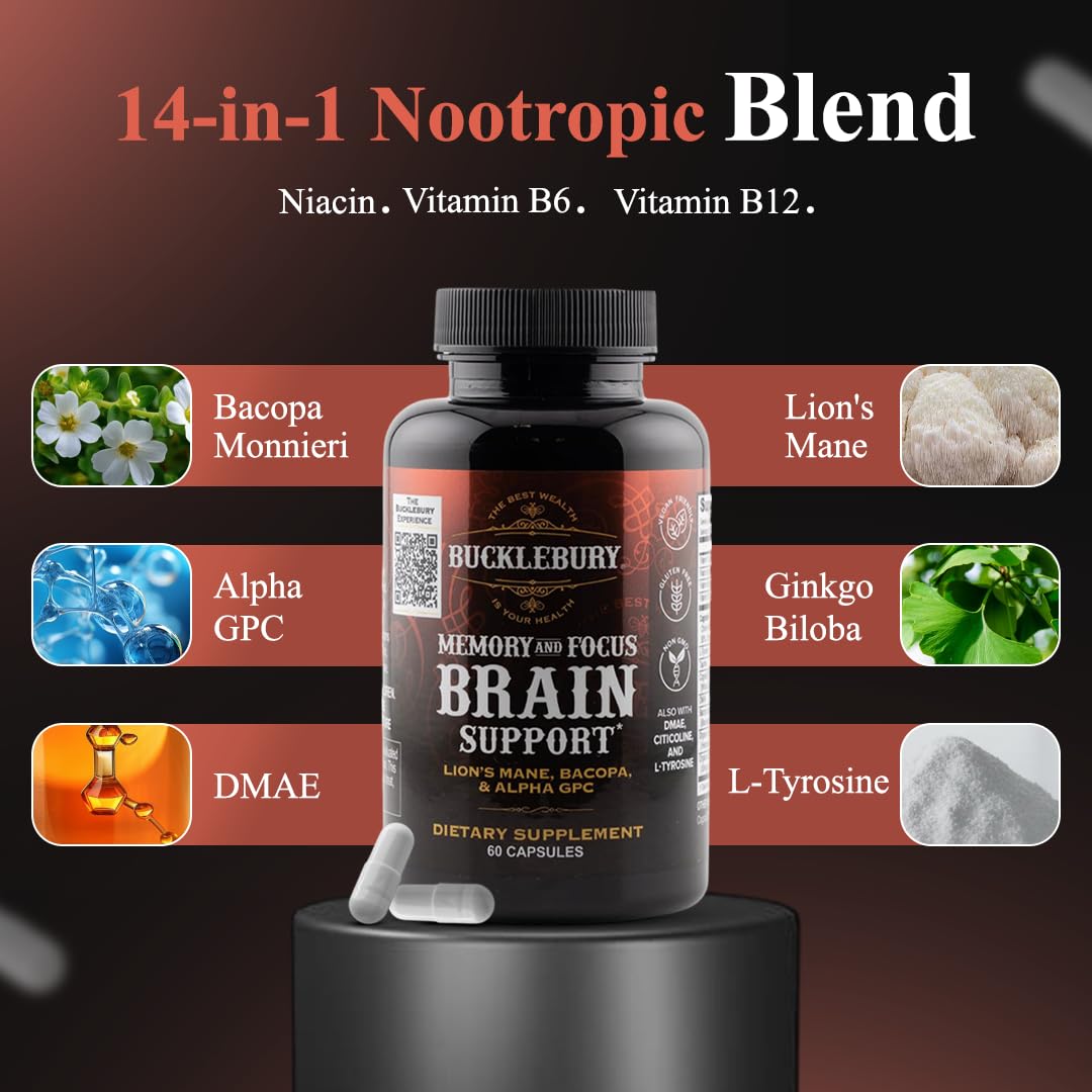 Bucklebury Brain bottle pour demonstrates convenient capsule dispensing for on-the-go routines.