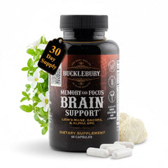 Bucklebury Brain capsules closeup showcases easy daily dosing for focus.