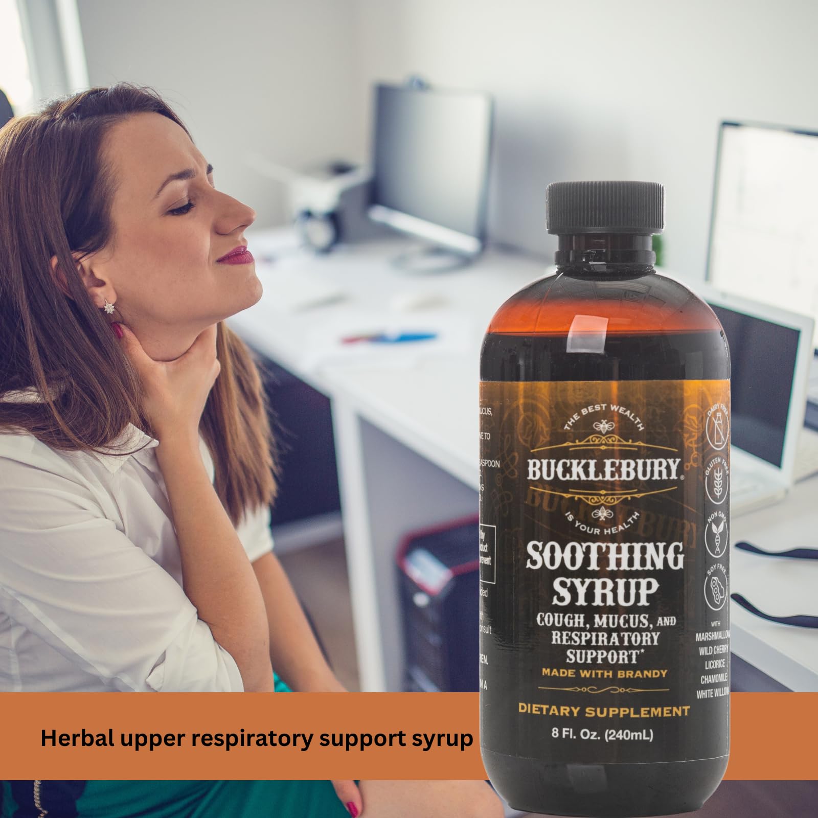 Bucklebury Cough Syrup bottle pour demonstrating easy-dose use for adults and kids.