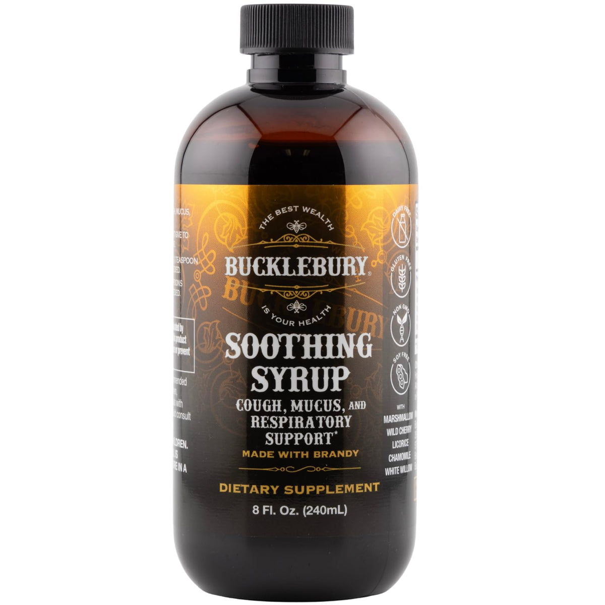 Bucklebury Cough Syrup bottle showing natural herbal blend for soothing respiratory comfort.