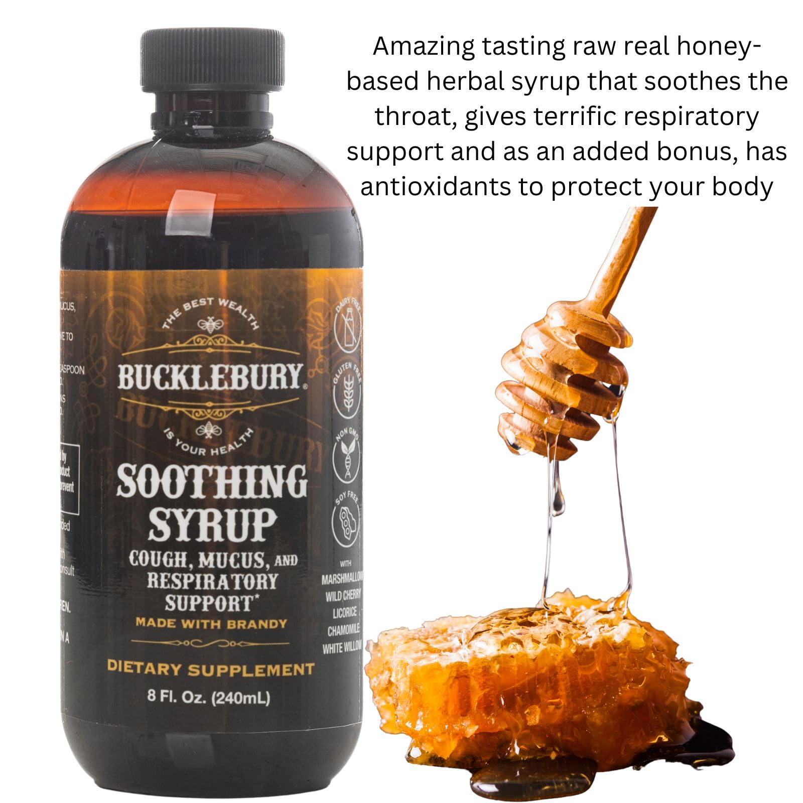 Bucklebury Cough Syrup label emphasizes USA-made quality and safe ingredients.