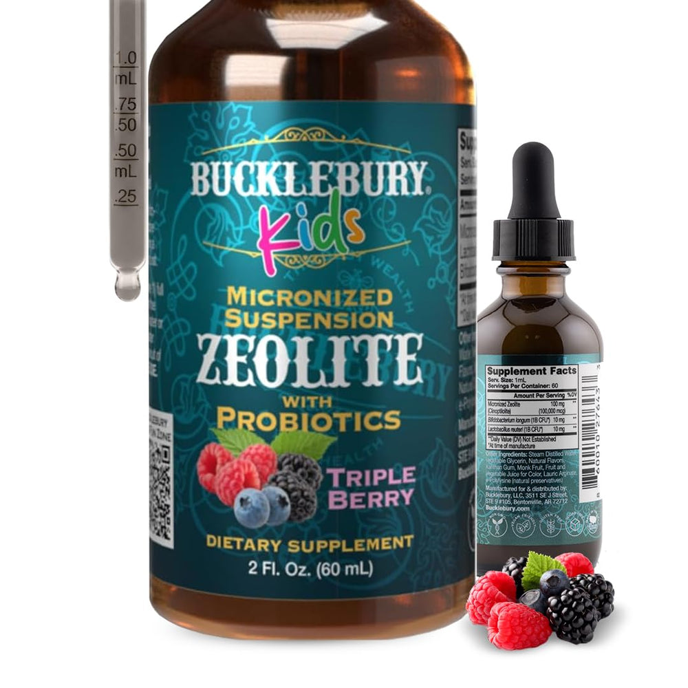 Bucklebury Liquid Zeolite Detox for Kids bottle pouring berry flavor