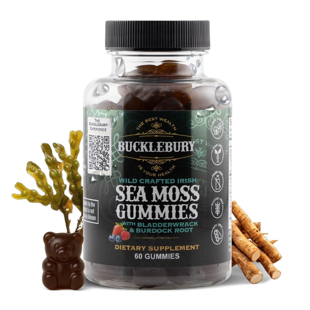 BUCKLEBURY bottle of Wild Irish Sea Moss Gummies for convenient daily wellness.